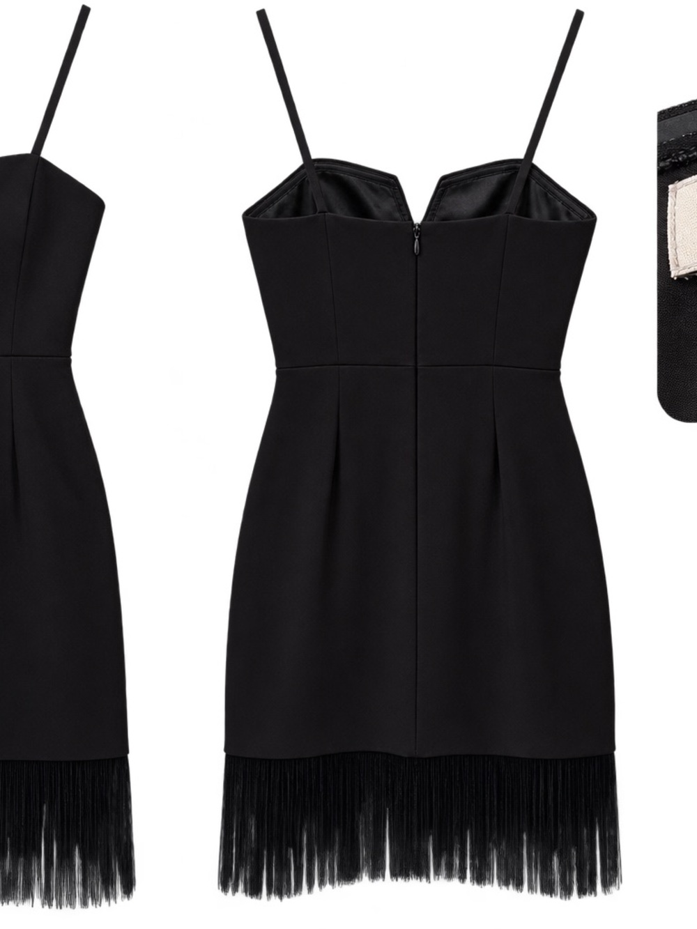 Aidan Mattox Black Spaghetti Strap Mini Dress with Fringe Hem